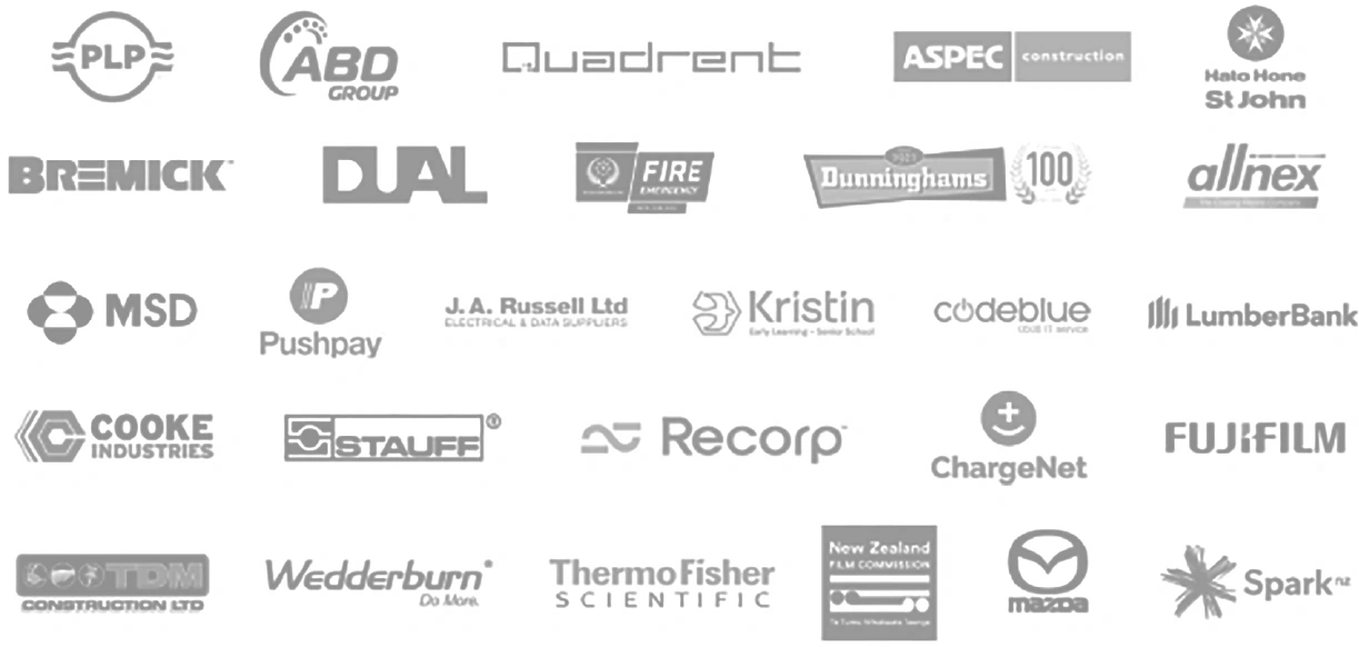 Logos of enteria clients, including Spark, Mazda, Fujifilm, Thermo Fisher Scientific, Hato Hone St John, Pushpay, MSD, Quadrent, ChargeNet and LumberBank